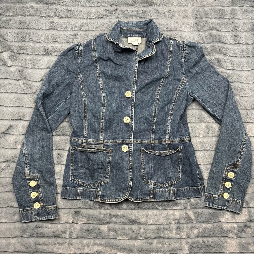 Ann Taylor Loft Womens Denim Blazer Jacket Blue Button Front Size 6